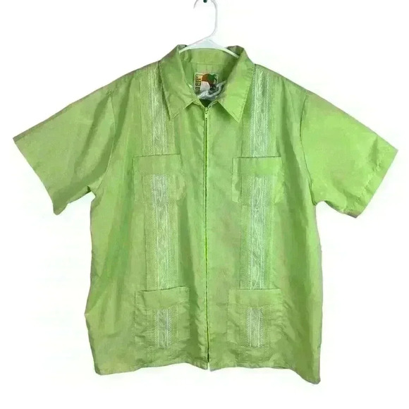 The Genuine Haband Guayabera Full Zip Cuban Cigar Bowling Shirt Lime Green Men’s - Picture 1 of 11